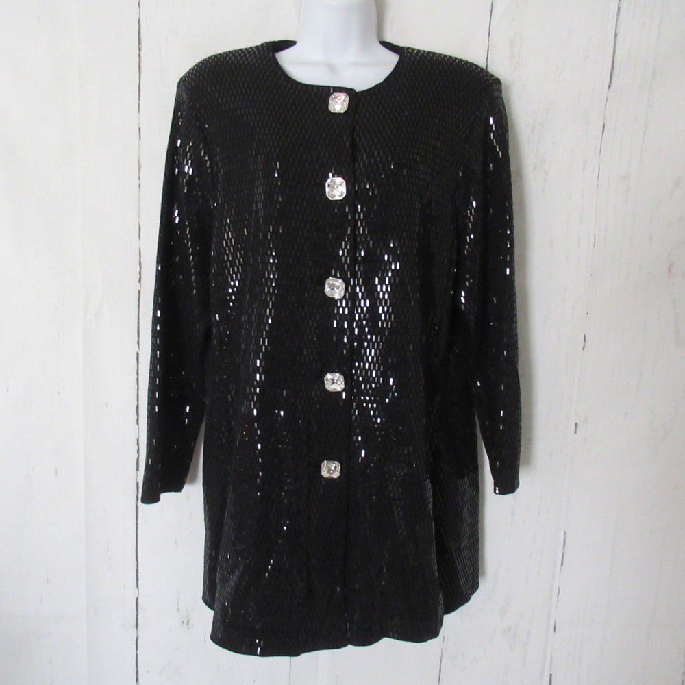 St John Evening Jacket 14 Black Rhinestone Shiny Longline Santana Knit Cocktail